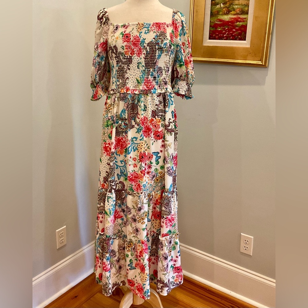 Betsey Johnson Smocked Floral Maxi Dress | Size L | Puff Sleeve‎